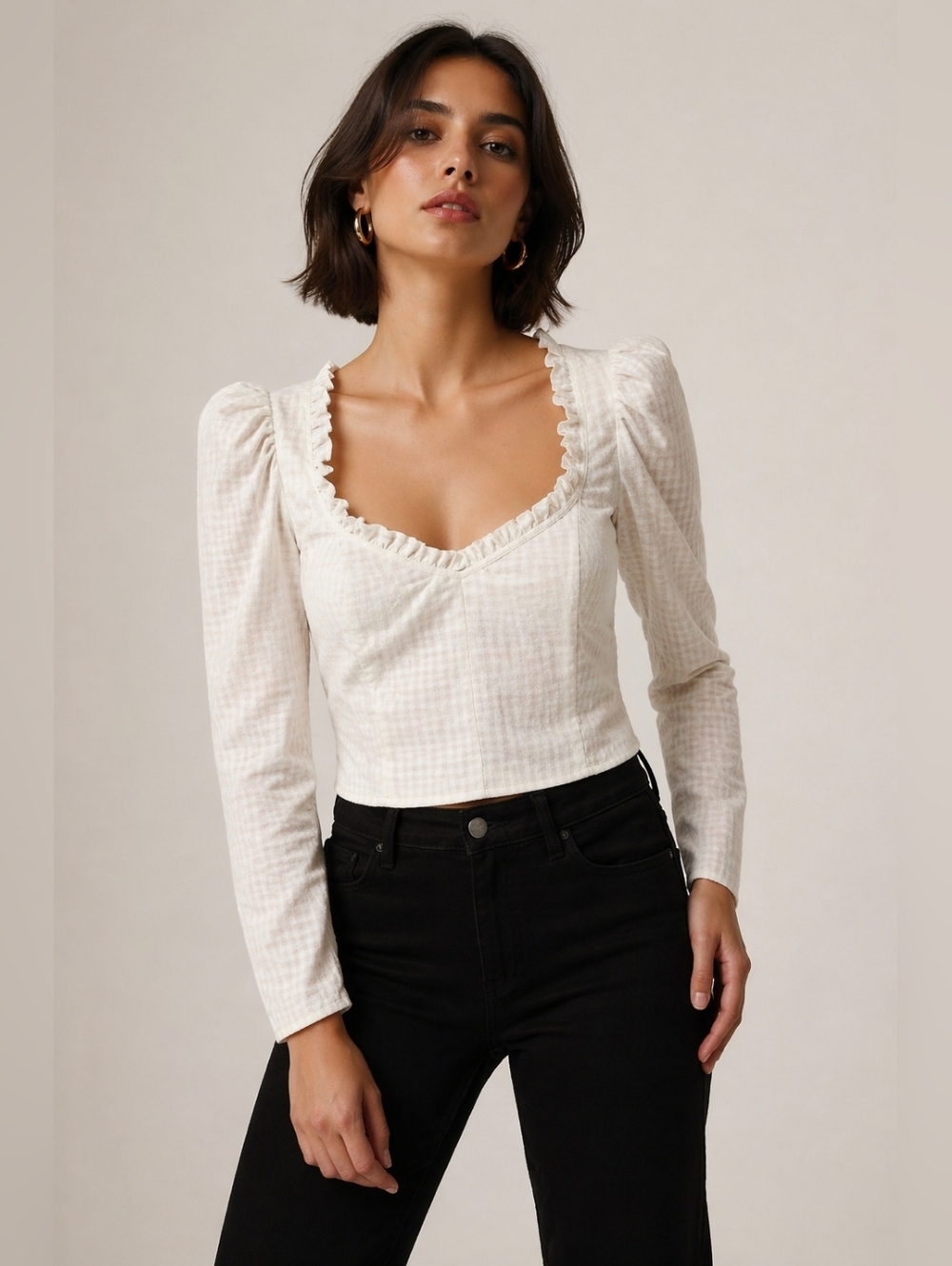 Topshop Ivory Gingham Prairie Crop Top Puff Sleeve Cottagecore Size 4